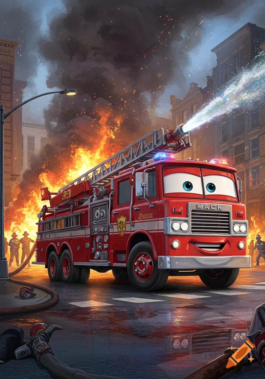 A red cartoon fire truck with eyes sprays water on a large building fire in a city street.