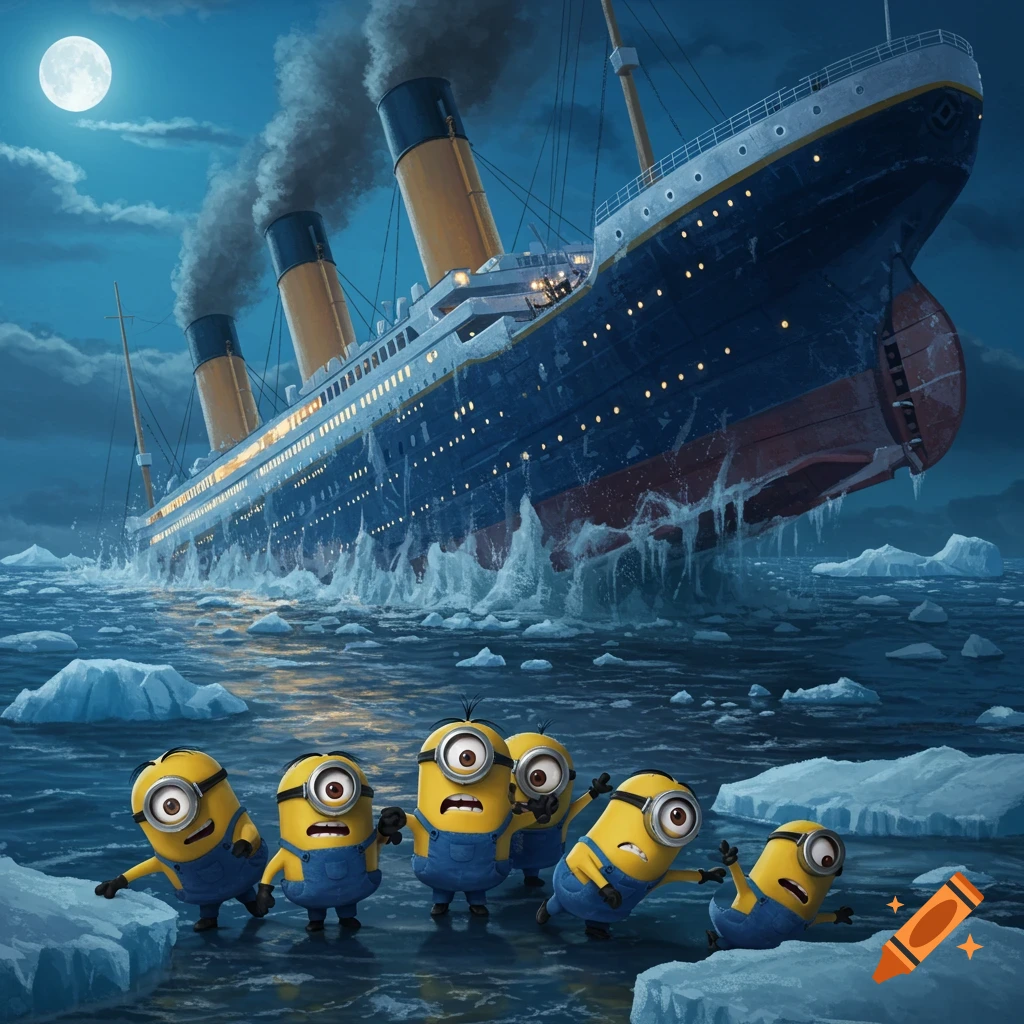 Cartoon Minions in the foreground look on in terror as the Titanic sinks into an icy, moonlit ocean filled with icebergs.
