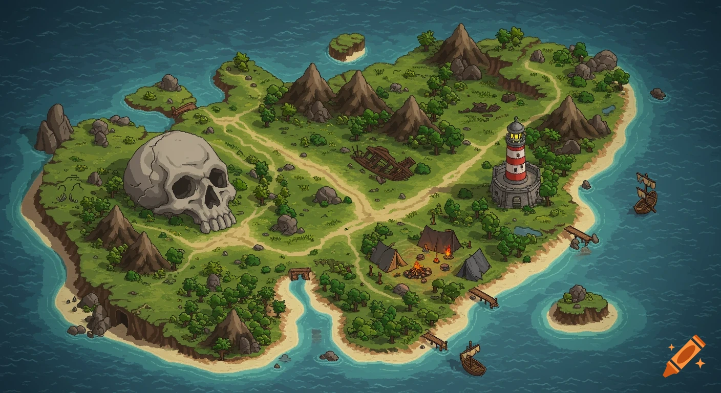 A detailed top-down pixel art map of a fantasy island with a large skull, lighthouse, shipwreck, pirate camp, and two small boats.