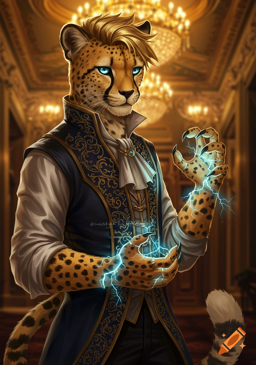 A male cheetah humanoid with blue eyes and blond hair, dressed in noble attire, casts blue lightning in a grand golden room. Digital art.