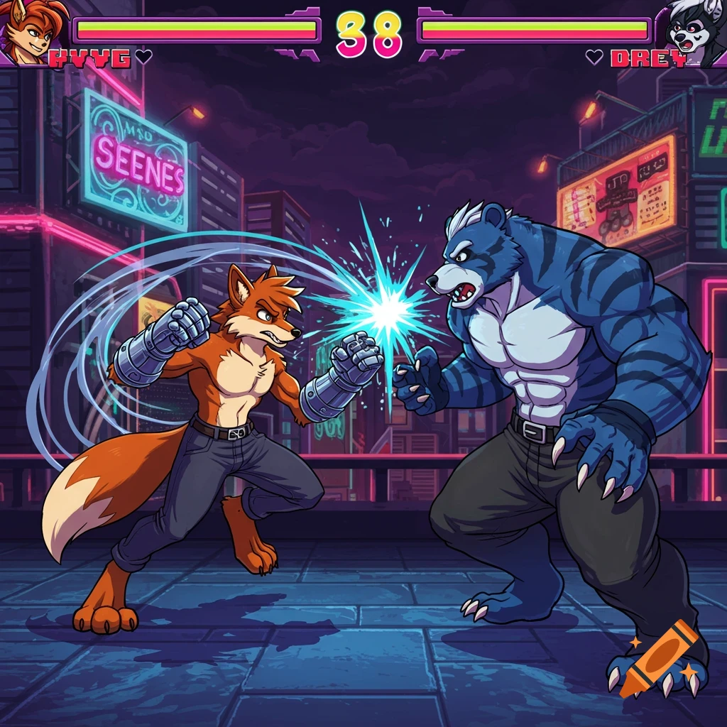 A stylized 2D fighting game scene featuring an orange fox and a blue bear as anthropomorphic fighters, exchanging blows in a neon-lit city street at night. The game UI shows character names, health bars, and a timer.