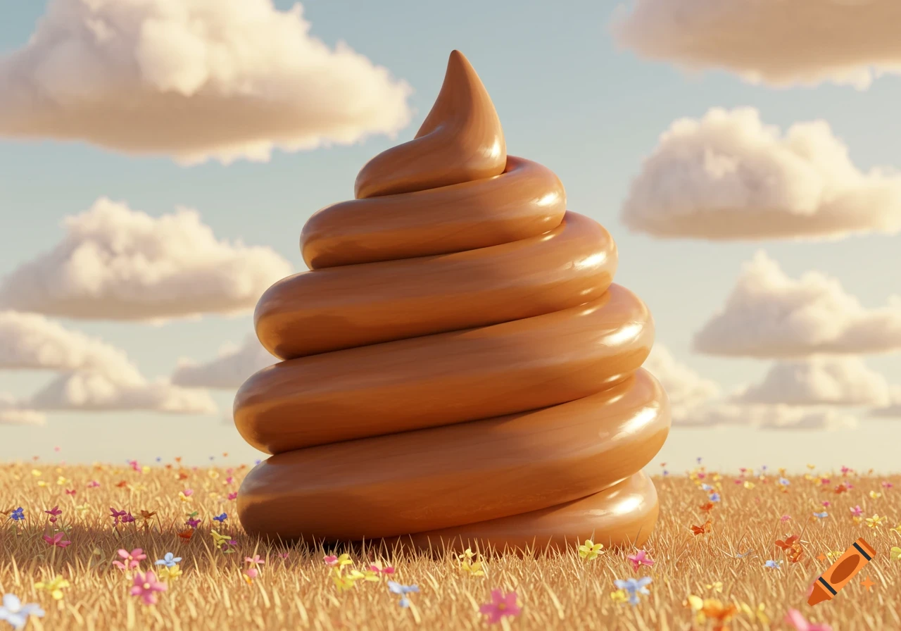 A glossy brown cartoon pile of feces stands in a field of golden grass and small colorful flowers under a blue sky with fluffy clouds.