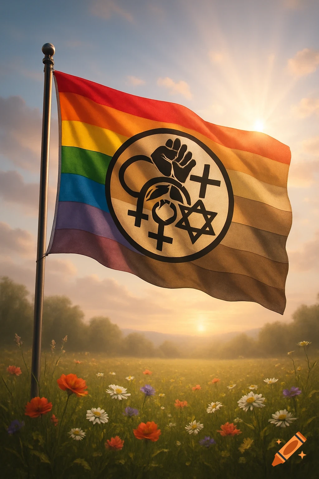 A colorful flag with rainbow, brown, and black stripes flies at sunset over a field of wildflowers. The flag features a central circular emblem with a raised fist, gender symbols, a Christian cross, and a Star of David.