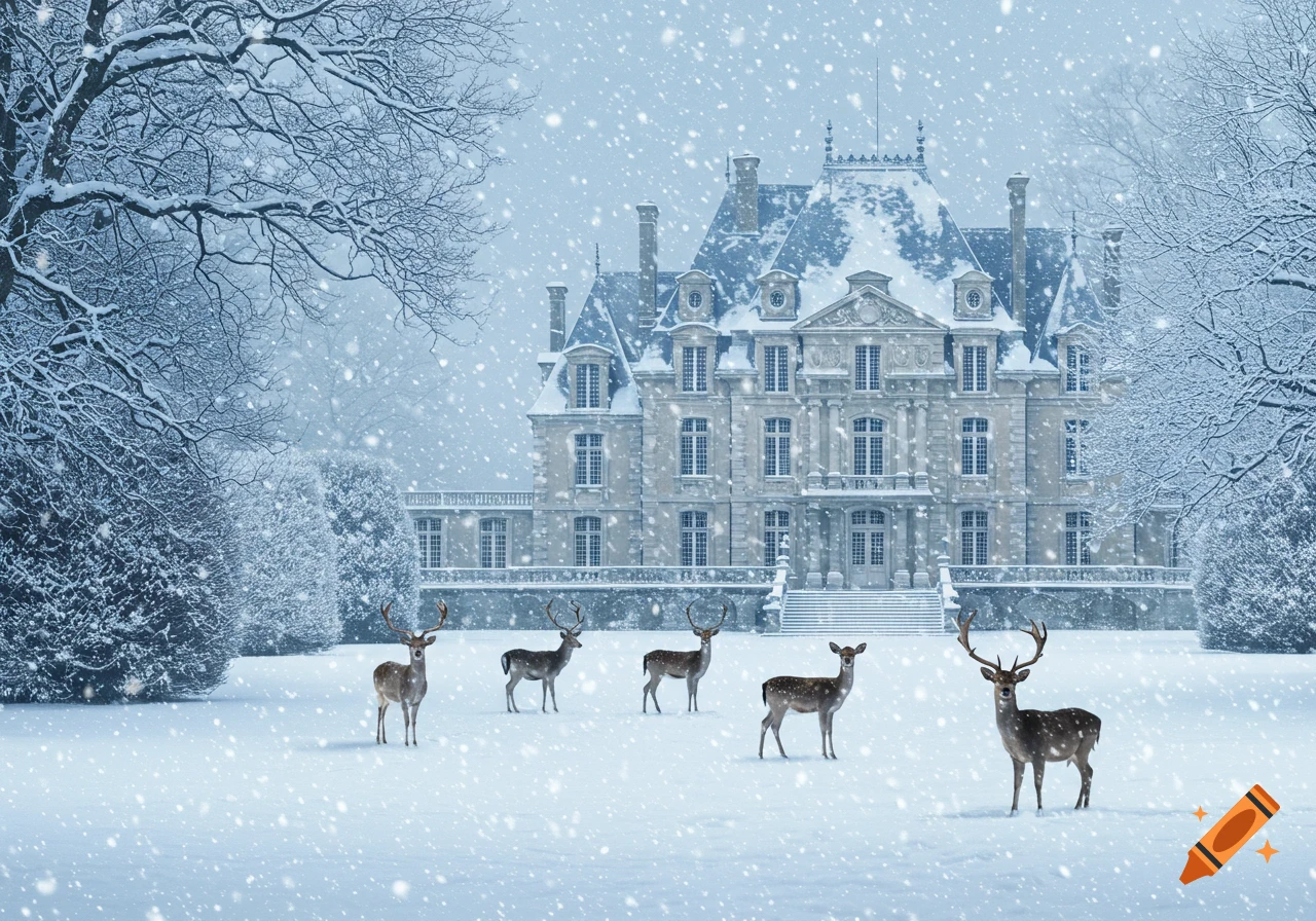 A photorealistic winter landscape shows a grand French chateau covered in snow, with deer standing in the snowy foreground as snow falls.