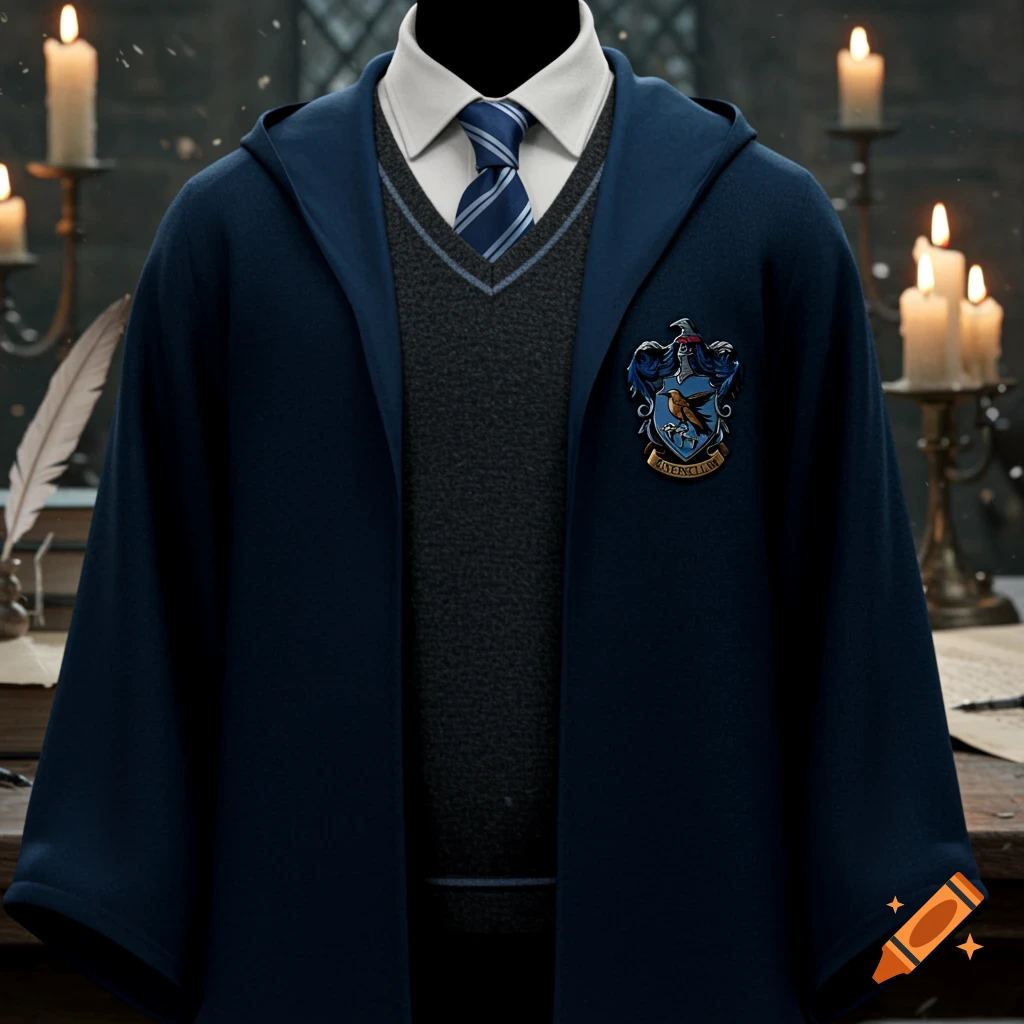 A brand new Ravenclaw uniform, featuring a dark blue robe, a grey v-neck sweater, a white collared shirt, and a striped blue tie, displayed on a mannequin in a dimly lit, old-fashioned room with candles and books.