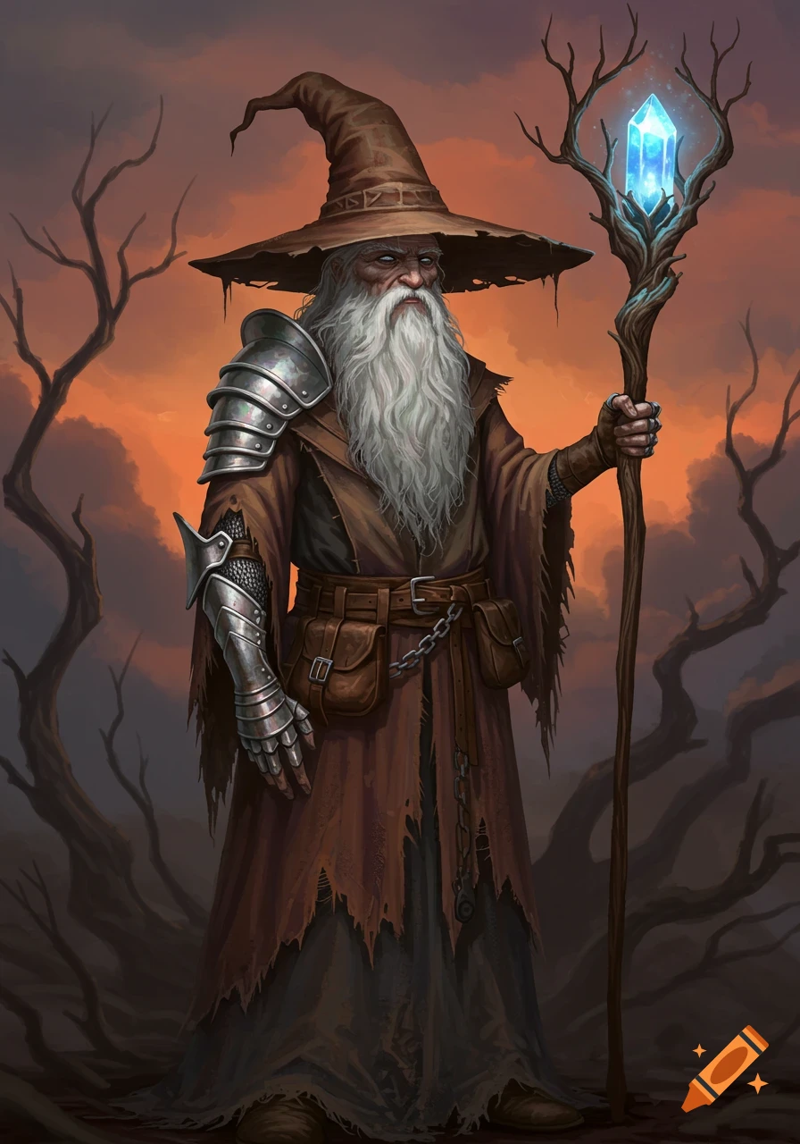 A bearded wizard in a brown robe and a wide-brimmed hat holds a glowing crystal staff against an orange sky.