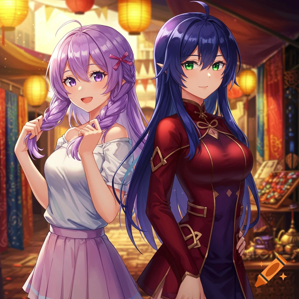 Two anime girls with long hair, one with purple braids and the other with blue hair and elf ears, smiling in a vibrant market with lanterns.