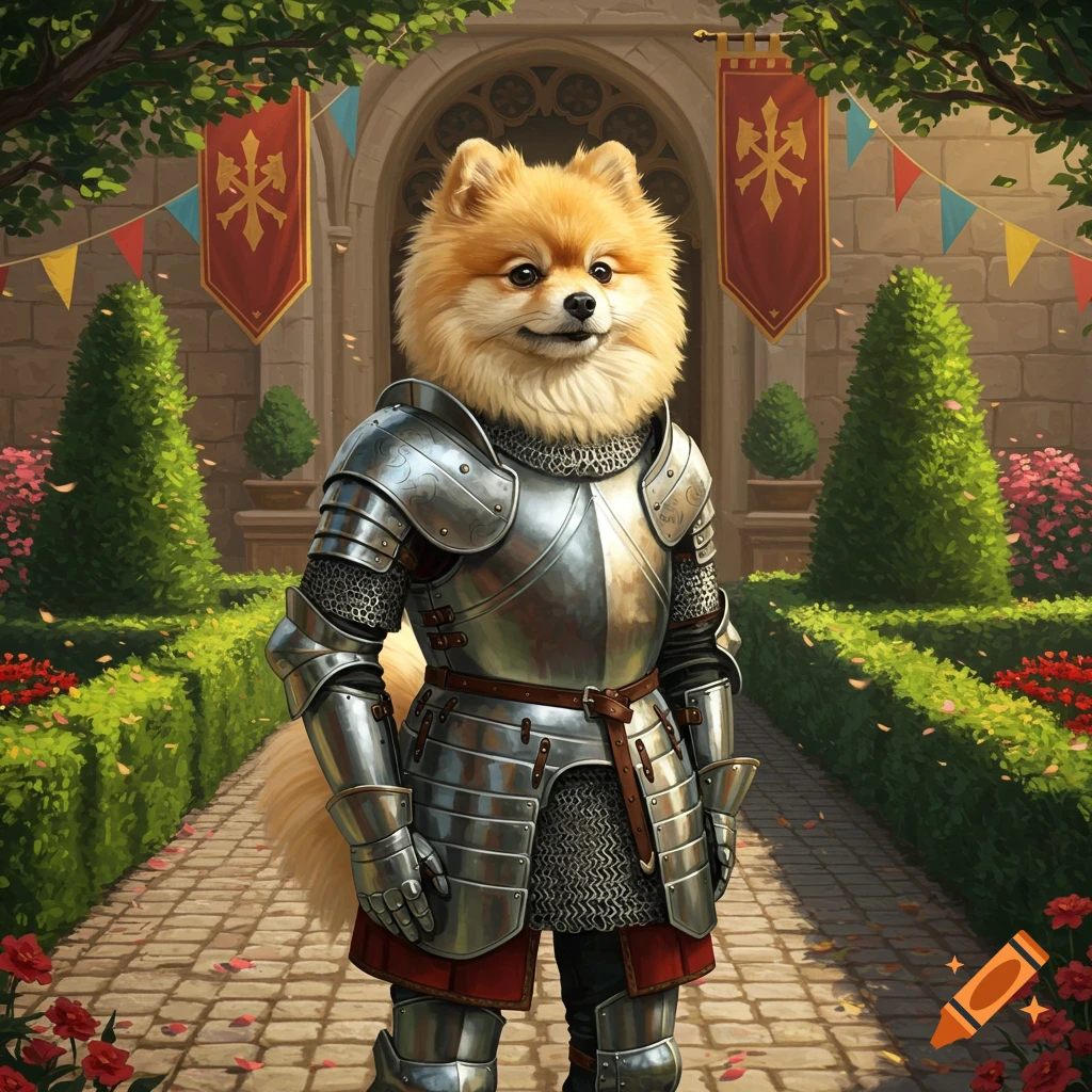 An anthropomorphic Pomeranian dog wearing shining silver plate armor stands in a medieval castle garden.
