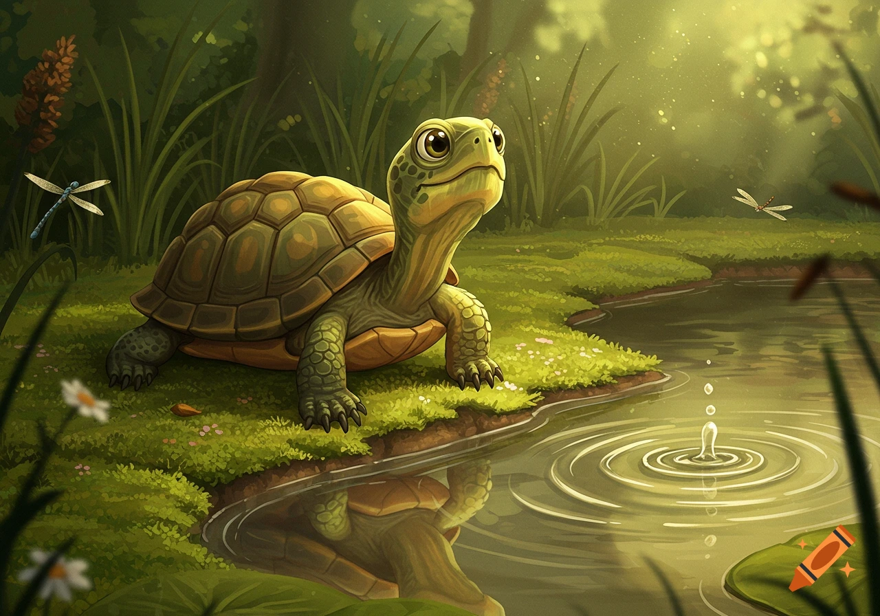 A cute cartoon turtle by a pond, looking up with large eyes, surrounded by green grass, dragonflies, and shimmering water.