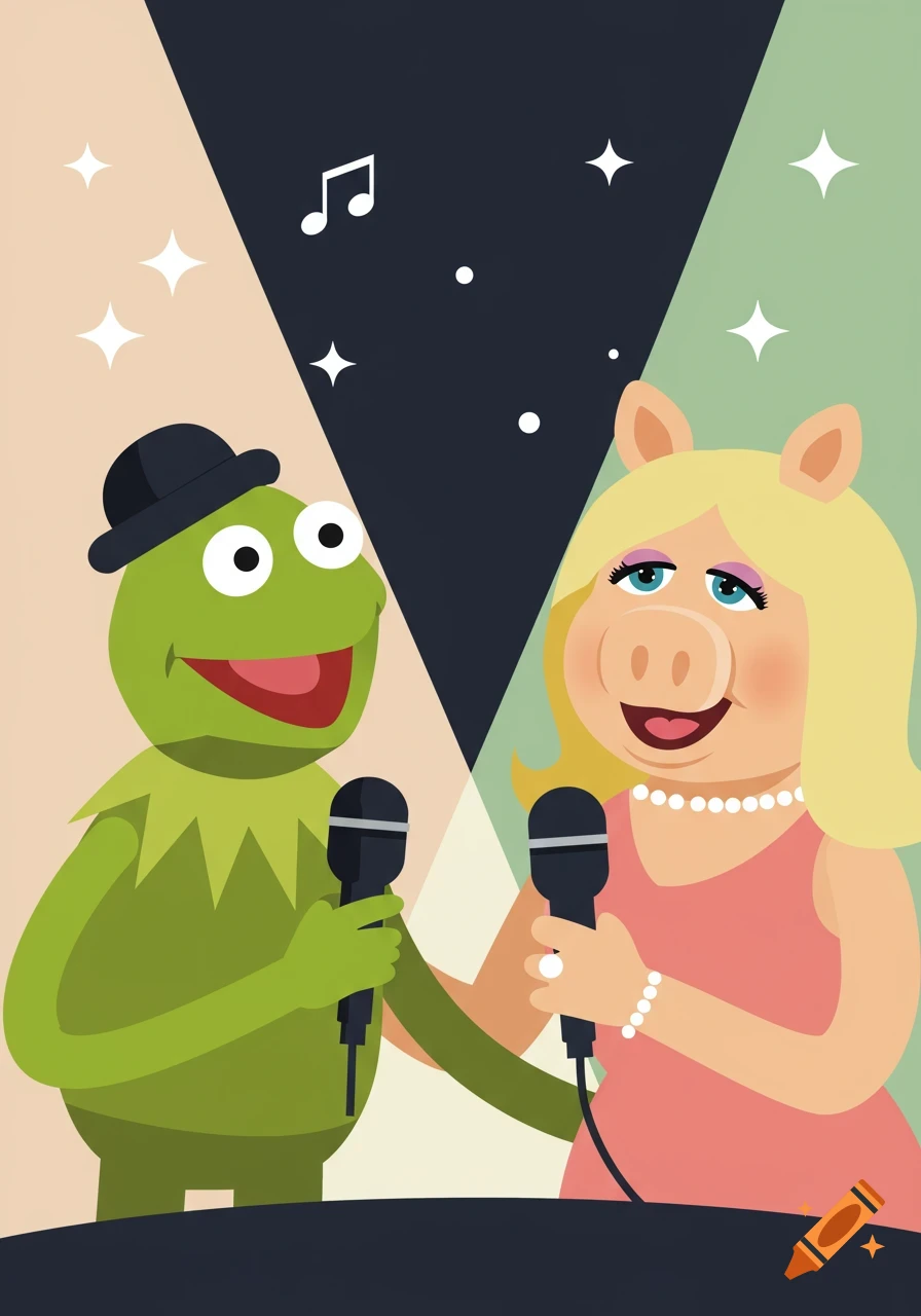 Kermit the Frog and Miss Piggy sing into microphones on a stage with spotlights in a flat vector illustration style.