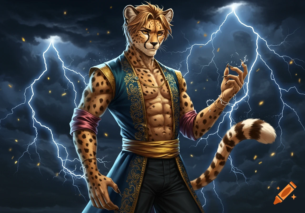 A male cheetah-human hybrid in blue and gold noble clothing stands against a stormy sky, conjuring lightning in his hand. Digital art.