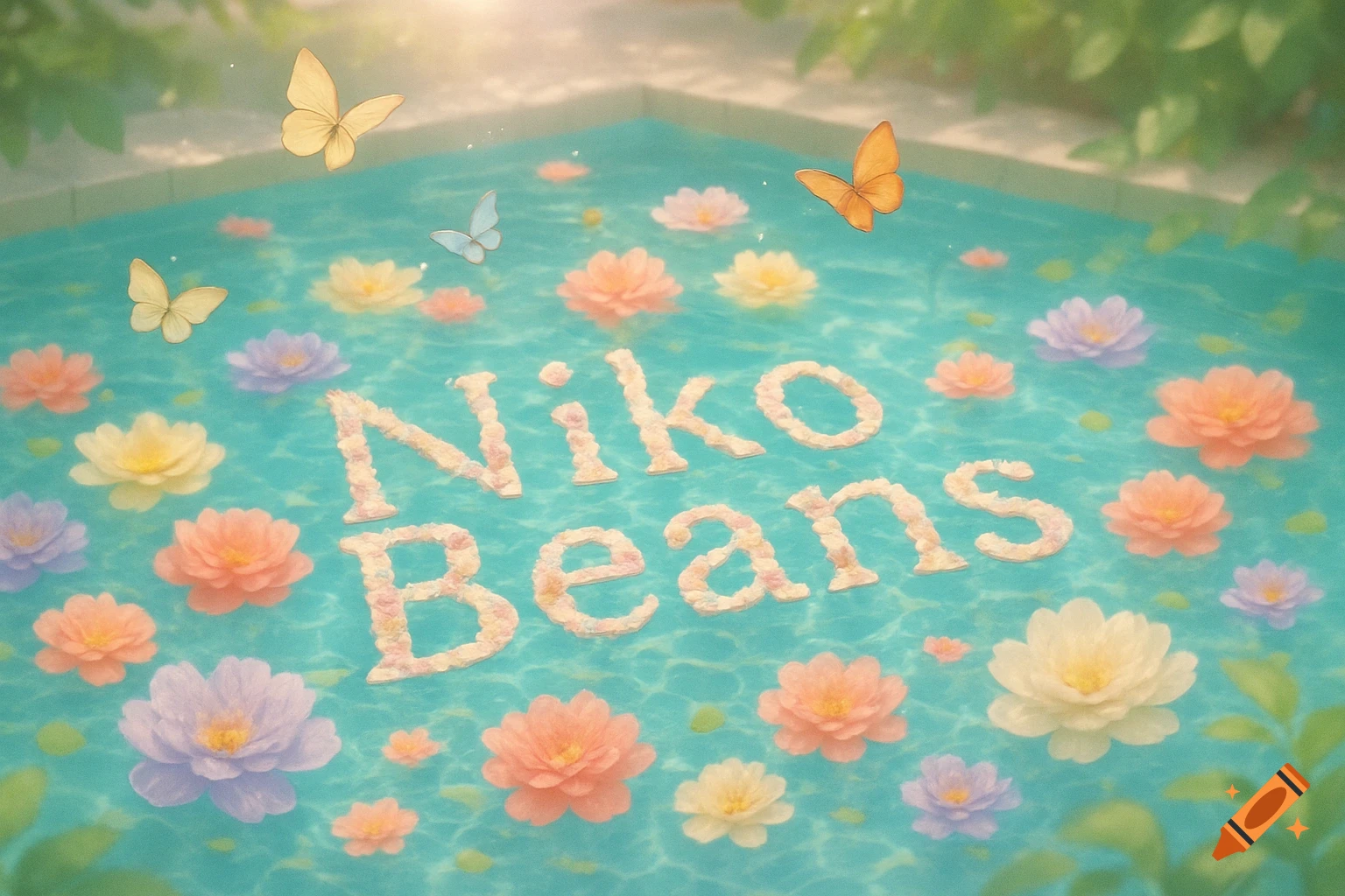 The name Niko Beans spelled out in flowers floating in a swimming pool with more flowers and butterflies.