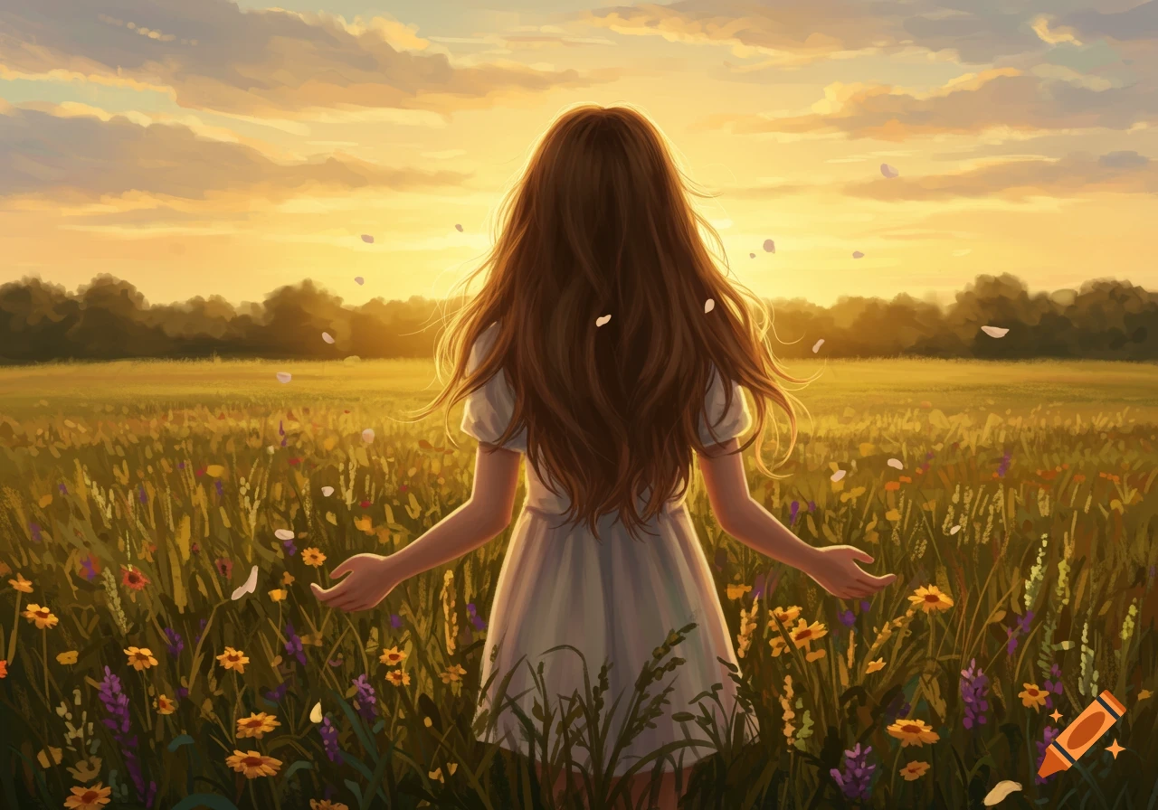 A long-haired girl in a white dress stands in a vibrant wildflower field at sunset, with petals floating around her. Illustration.