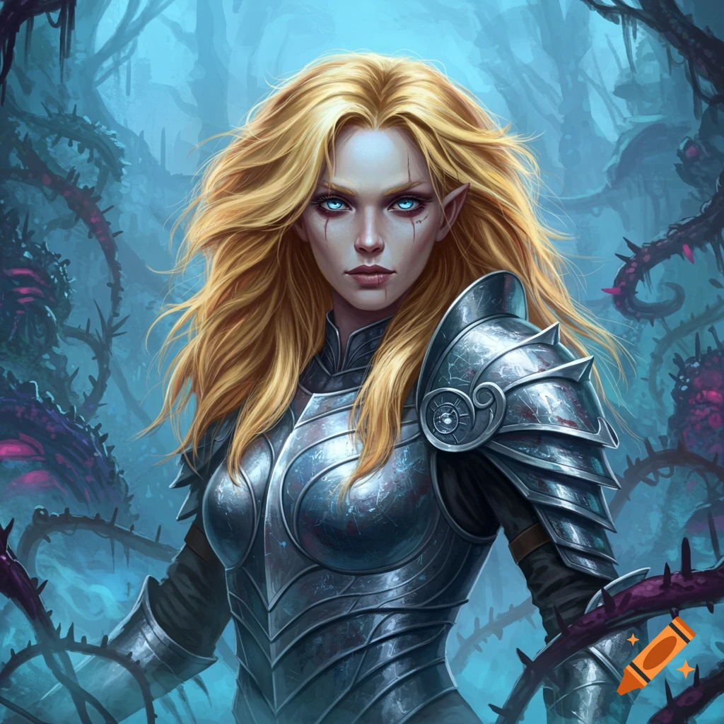 A beautiful blonde elf warrior in detailed armor stands in a dark, thorny fantasy forest, digital art.