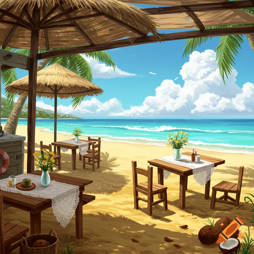 A vibrant illustration of a beachside cafe with straw umbrellas, wooden tables, and chairs on a sandy beach next to turquoise ocean waves under a blue sky.