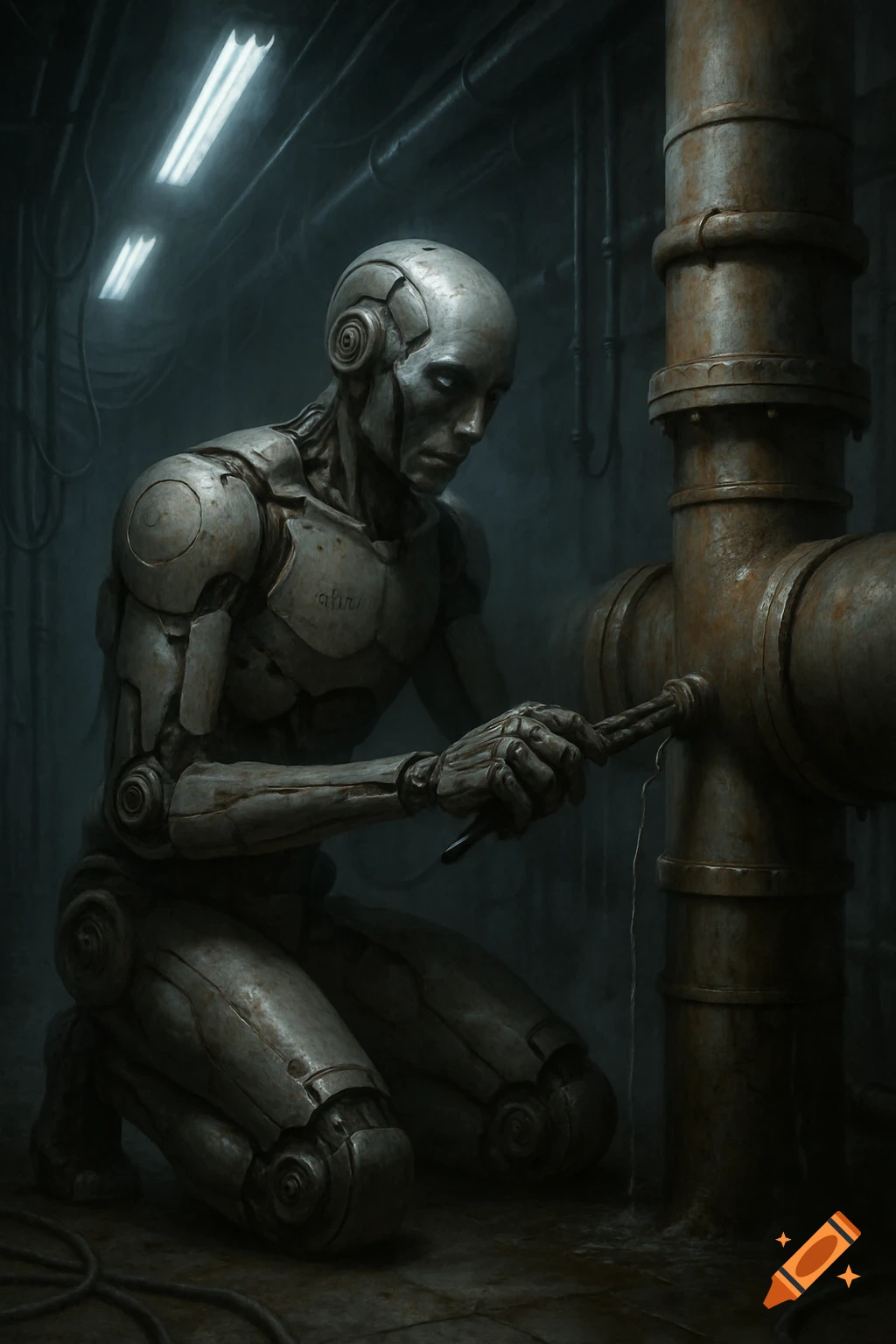 A detailed, metallic robot kneels in a dimly lit industrial room, intently fixing a rusty pipe with a wrench.