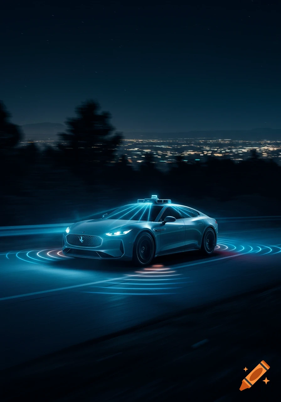 A futuristic car with glowing blue sensors driving on a dark road at night, with a city skyline in the background.