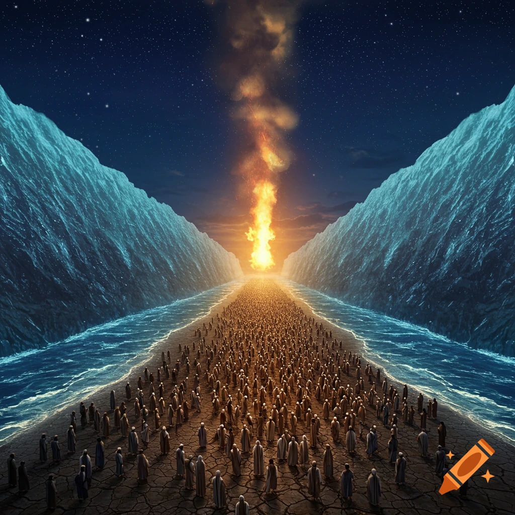 A vast crowd walks on dry land through a parted sea at night, with walls of water and a pillar of fire.
