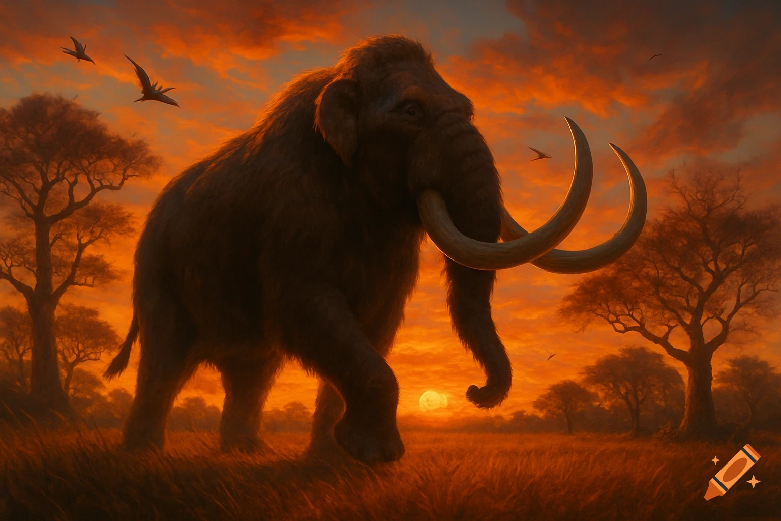 A large woolly mammoth walks through a grassy landscape at sunset, with trees and birds silhouetted against the orange sky.