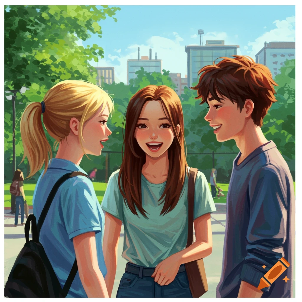 Anime illustration of three young people chatting outdoors. A blond girl with a ponytail, a brown-haired girl, and a brown-haired boy.