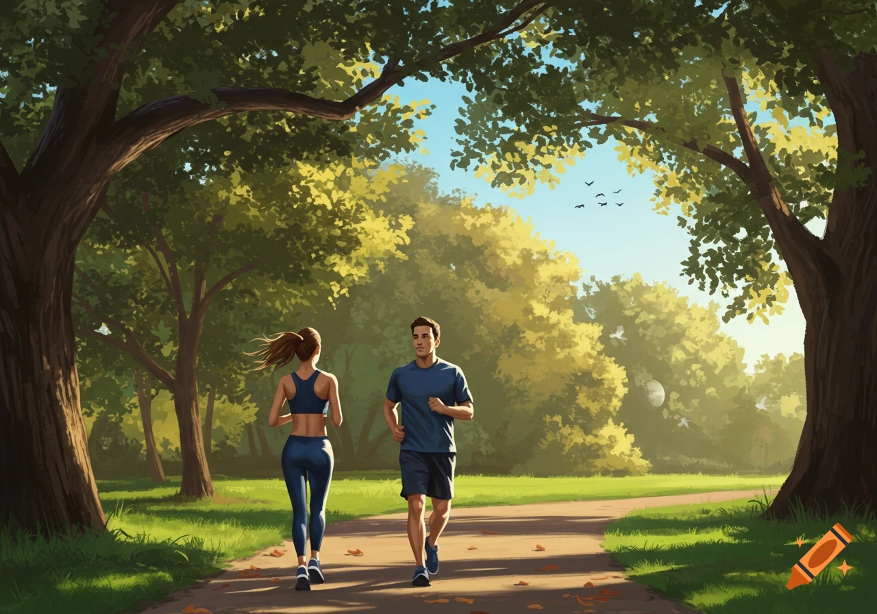 An illustrated fit couple jogs along a path through a sunny park with lush green trees.