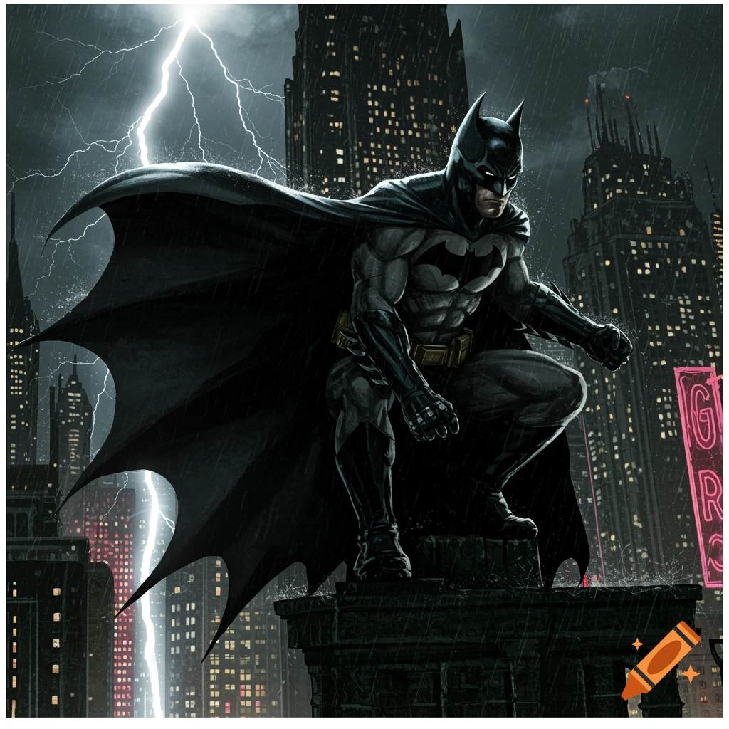 Batman crouches on a rooftop gargoyle in a dark, rainy city with lightning.