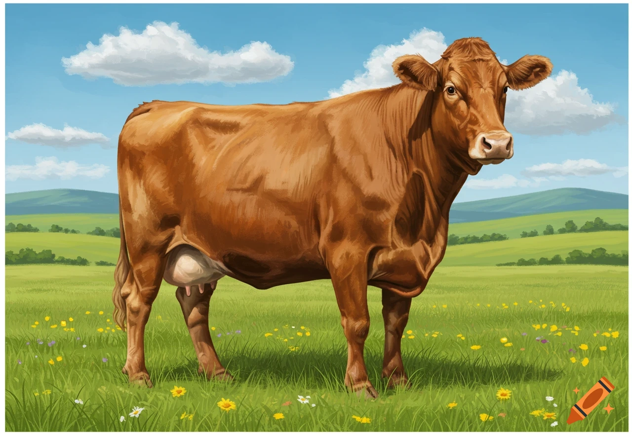 A brown cow stands in a green pasture with wildflowers under a blue sky.
