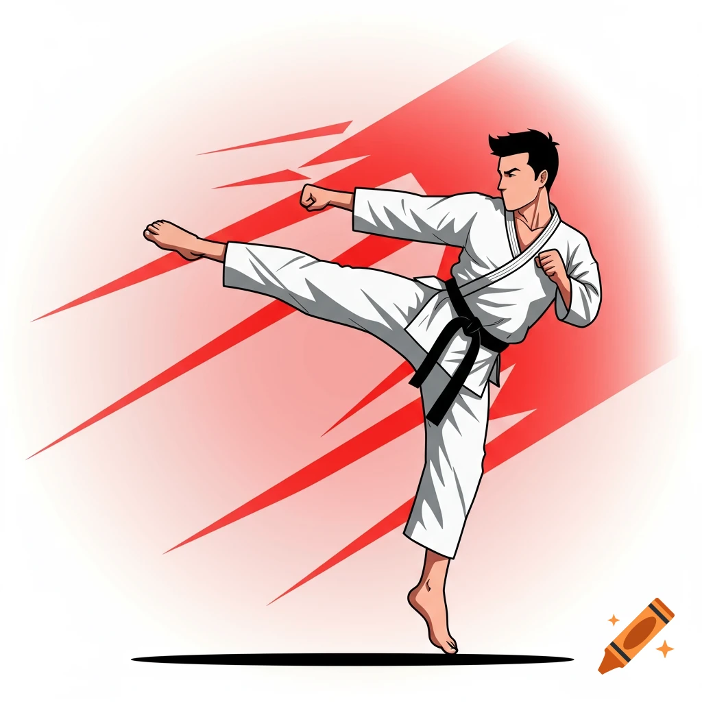 Cartoon illustration of a man in a white karate gi performing a high sidekick against a red and white background.