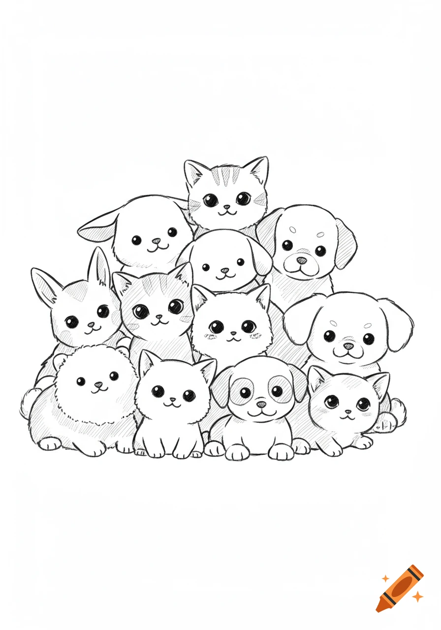 A group of cute, cartoonish puppies, kittens, and bunnies in a black and white line drawing.