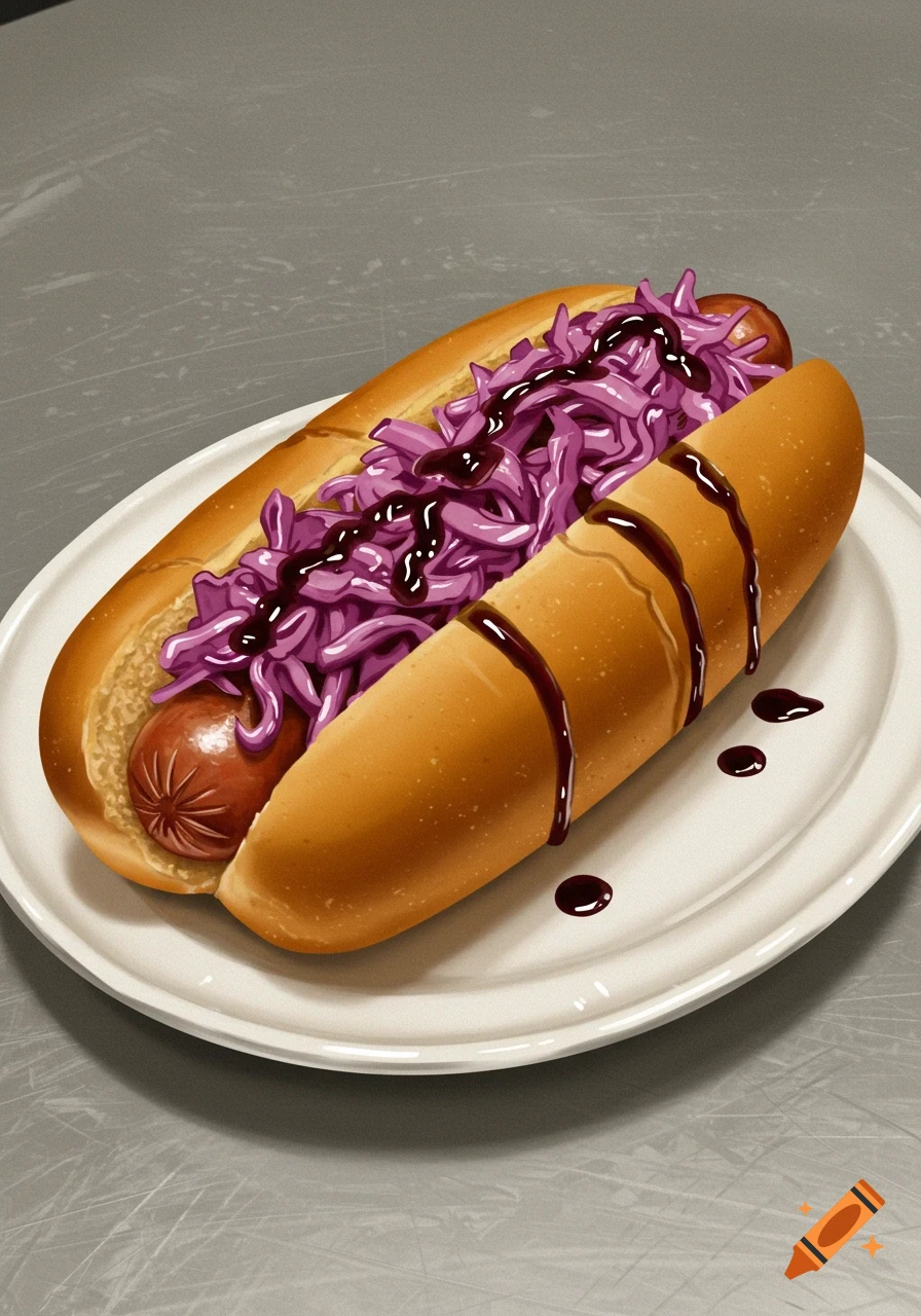 Hotdog on a white plate with purple shredded toppings and dark sauce drizzles.