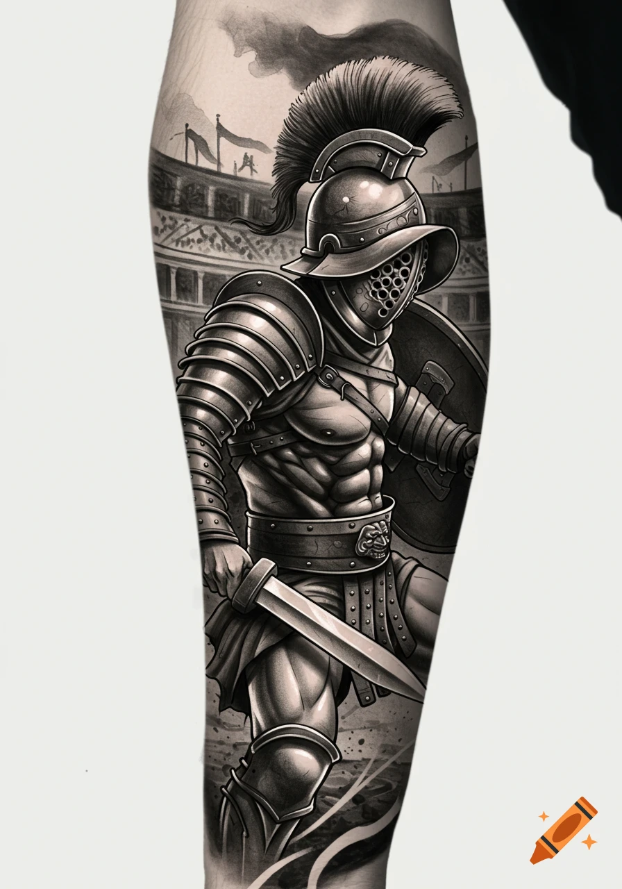 A detailed black and white tattoo design of a Roman gladiator in full armor, holding a sword and shield, standing in an arena.