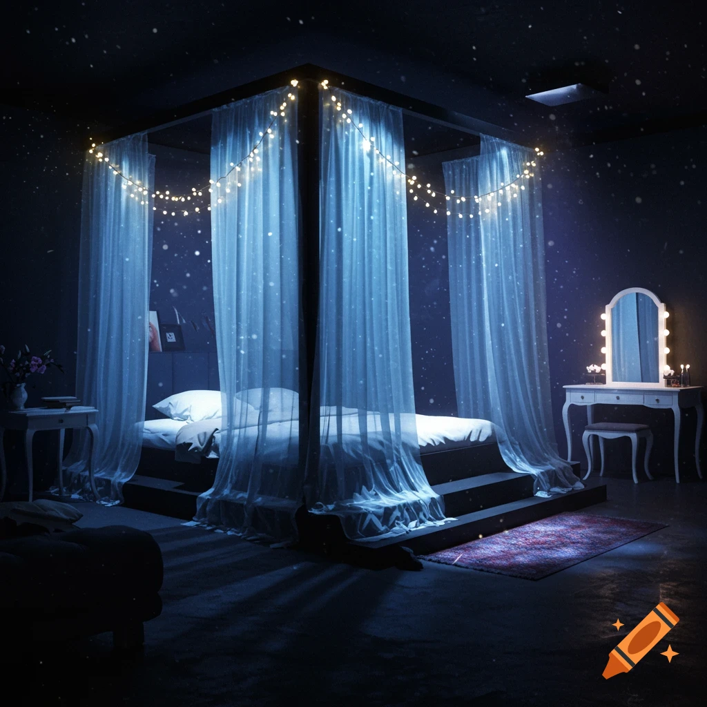 A dark, dreamy bedroom with a blue-curtained canopy bed adorned with string lights, and a white vanity table.