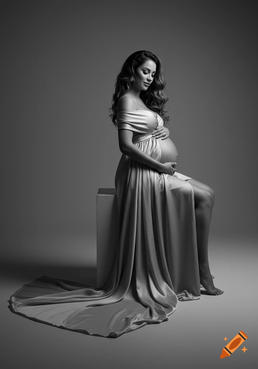 Photorealistic black and white studio portrait of a pregnant woman in a flowing off-shoulder dress, sitting on a cube and holding her belly.