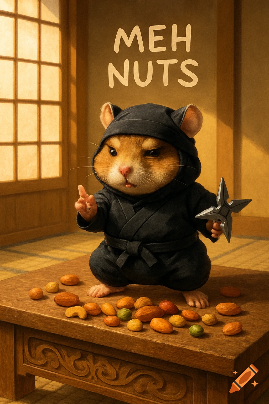 A cute hamster dressed as a ninja holds a shuriken near a pile of nuts, with 'MEH NUTS' on the wall. Digital illustration.
