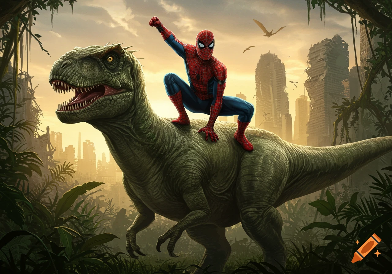 Spider-Man rides a large green dinosaur through a ruined, overgrown city with pterodactyls flying in the sky.