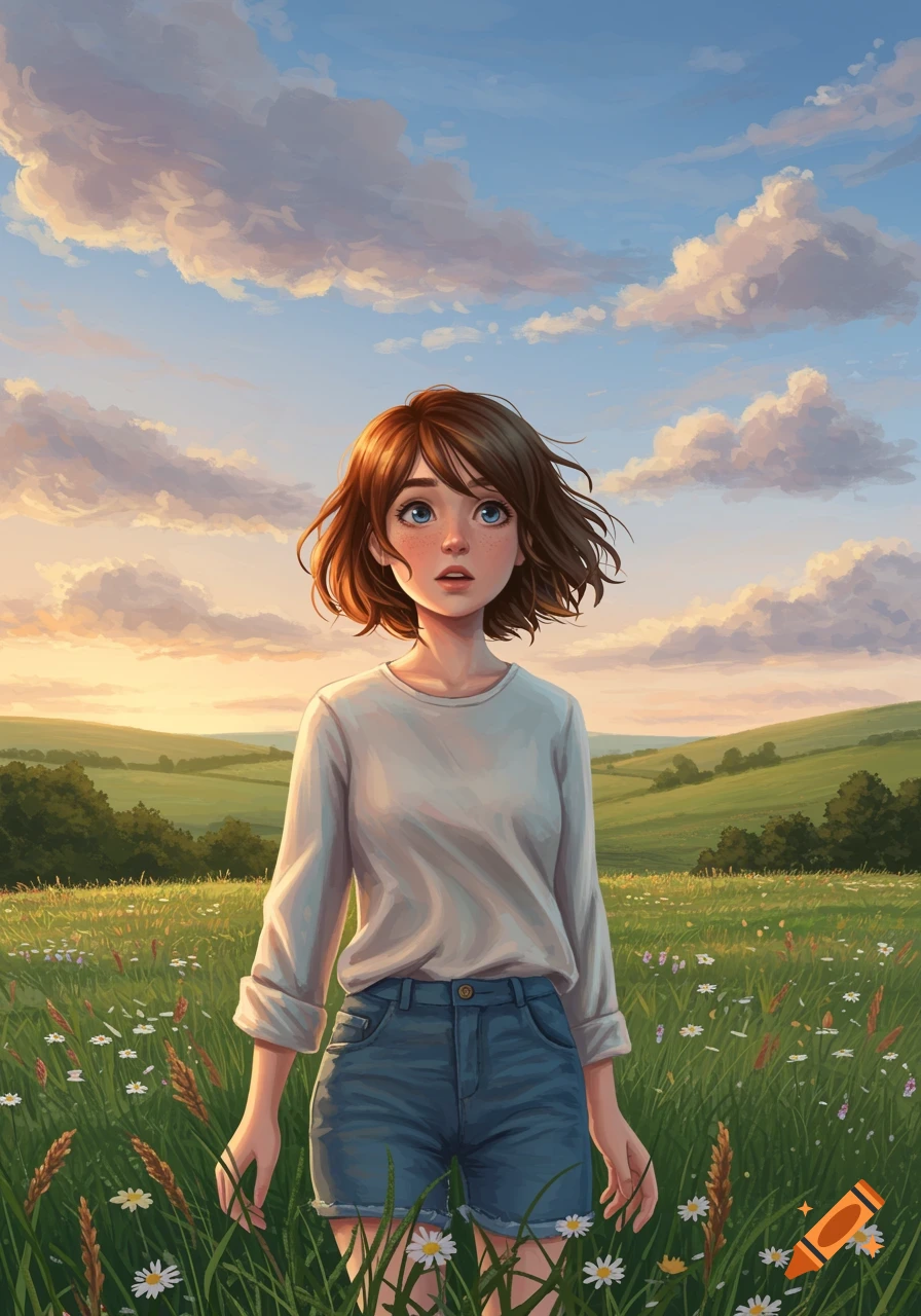 Anime-style illustration of a young woman with brown hair and blue eyes, standing in a flower-filled green field under a cloudy sky at sunset.