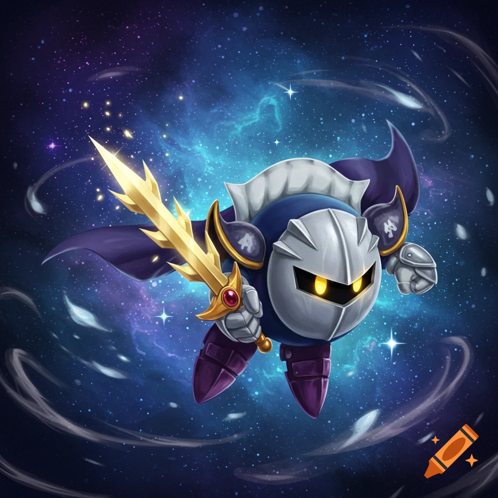 A stylized illustration of Meta Knight, a blue armored knight with a silver mask and yellow eyes, holding a golden sword, floating in a starry blue galaxy.