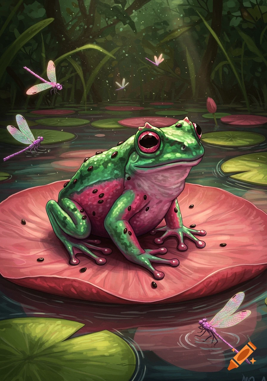 An illustration of a green and pink frog resembling a watermelon sitting on a pink lily pad in a pond with dragonflies.