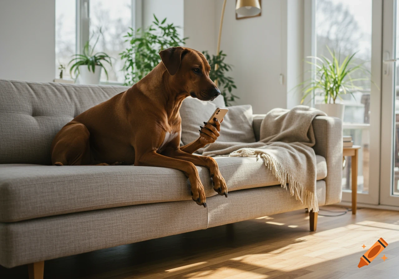 A Rhodesian ridgeback dog lies on a gray couch, holding a smartphone in its paw in a sunlit living room.