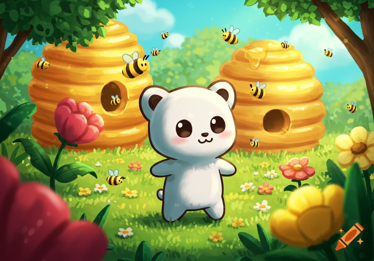 A cute white cartoon bear stands in a vibrant green field with flowers, surrounded by bees and two beehives, under a blue sky.