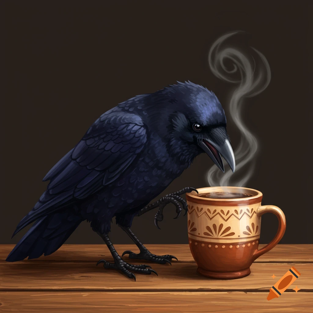 A dark purple crow stands on a wooden table, its claw resting on a steaming brown and beige ceramic mug.