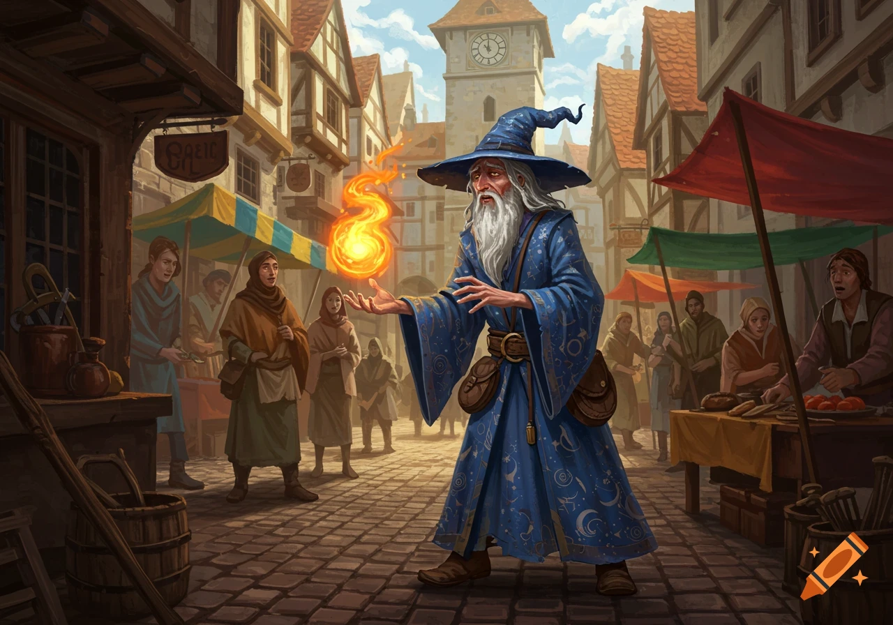 A tired wizard in blue robes casts a glowing fireball in a busy medieval town square with onlookers and market stalls.