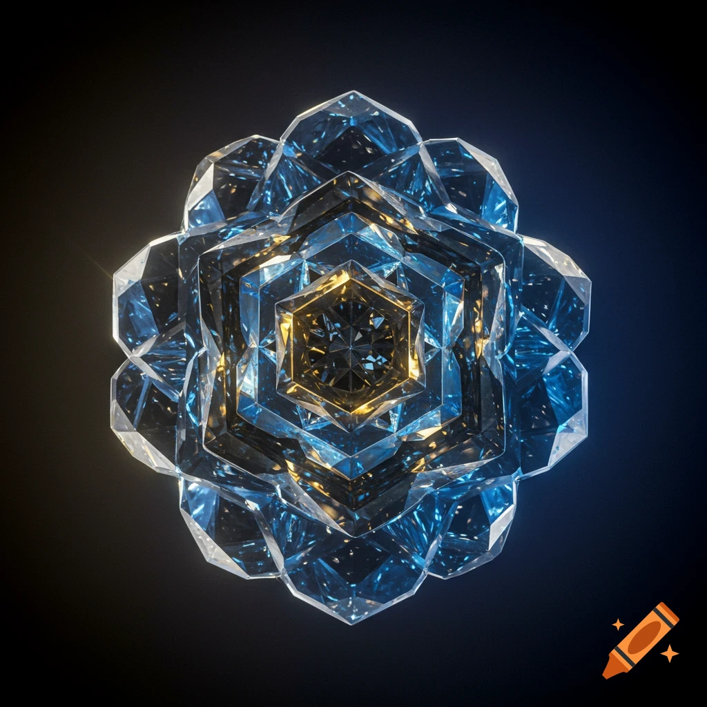 A complex geometric structure of interlocking blue and gold crystal hexagons on a dark background.