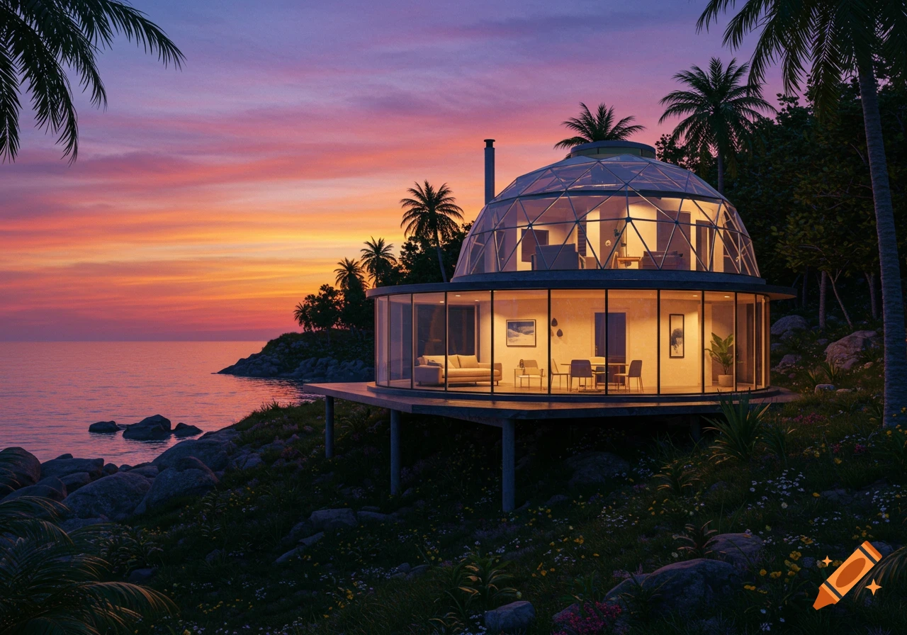 A modern glass dome house stands on stilts by a tropical ocean at sunset, with palm trees and rocks on the shore.