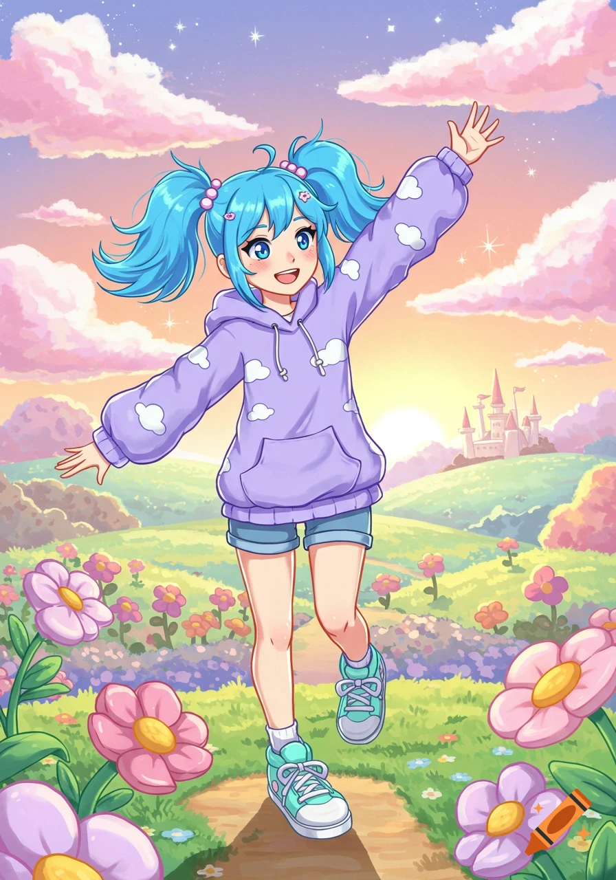 An anime girl with blue pigtails in a purple cloud hoodie and shorts runs through a flowery field towards a castle at sunset, in a bright cartoon style.
