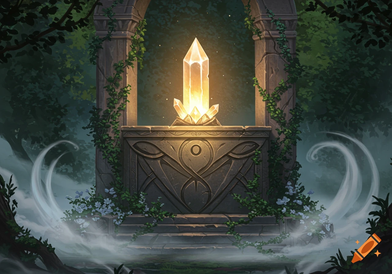 A tall, glowing crystal sits on an ornate stone altar in a mystical forest, surrounded by vines and mist.