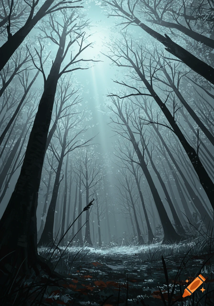 A low-angle view of a dense, leafless forest under a bright, misty blue sky, with light rays piercing through.