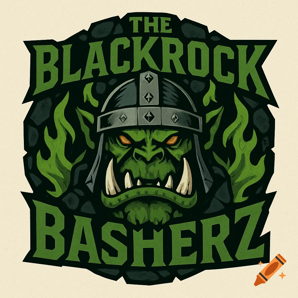 A green and black logo featuring a fierce orc in a helmet with green flames and the text 'THE BLACKROCK BASHERZ'.