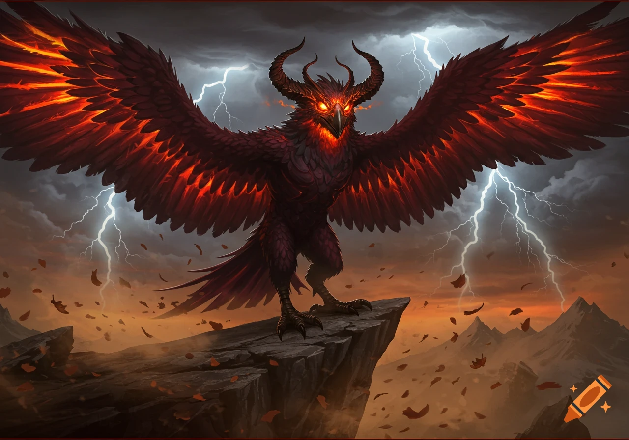 A horned bird demon with glowing eyes and fiery wings stands on a cliff during a lightning storm.