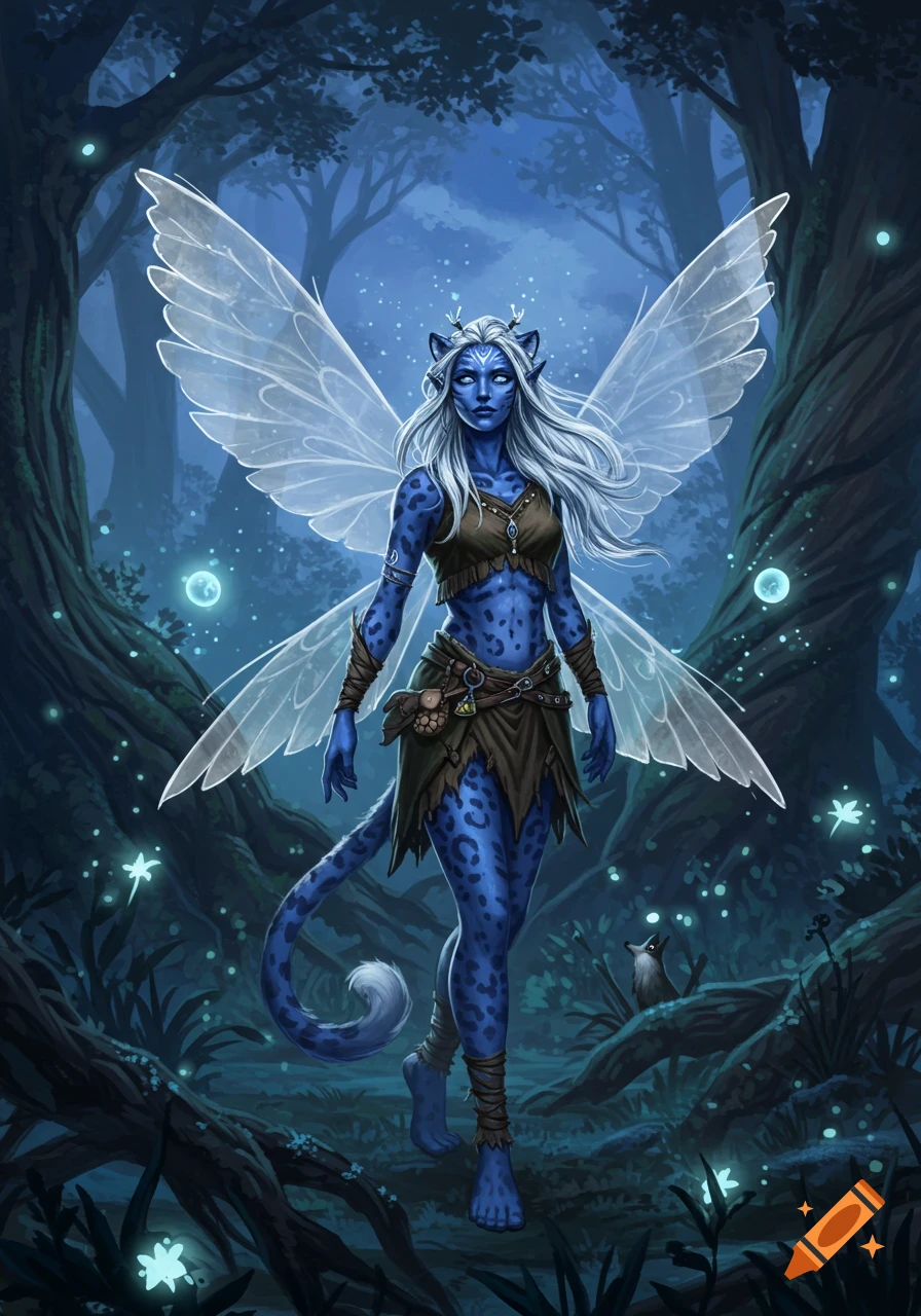 A blue-skinned wildling with white hair, leopard spots, and large white wings stands in a magical dark forest with glowing orbs and fireflies.
